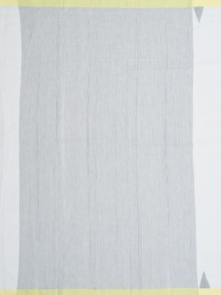Handwoven White Jamdani Saree with Black Stripes & Yellow Temple Border