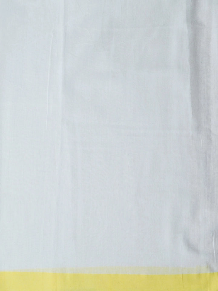 Handwoven White Jamdani Saree with Black Stripes & Yellow Temple Border