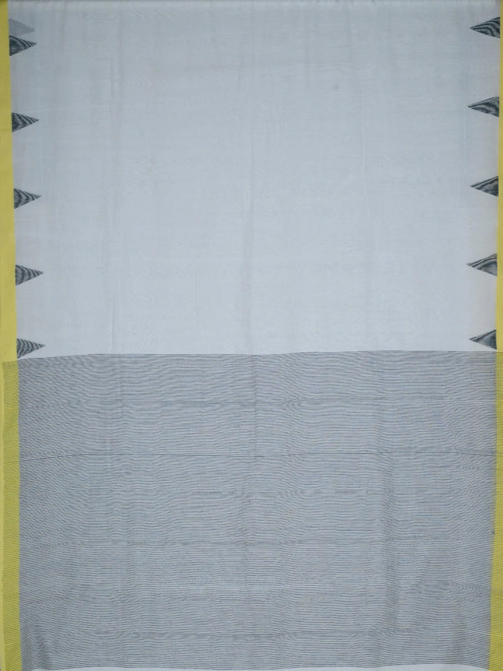 Handwoven White Jamdani Saree with Black Stripes & Yellow Temple Border