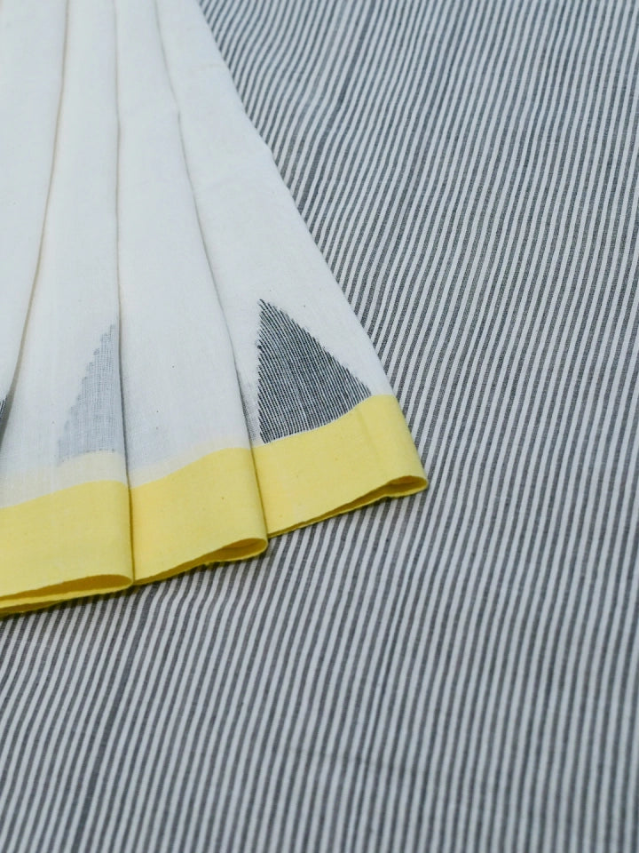 Handwoven White Jamdani Saree with Black Stripes & Yellow Temple Border