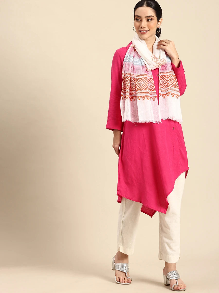 Handwoven Off-White Cotton Scarf With Block Printing