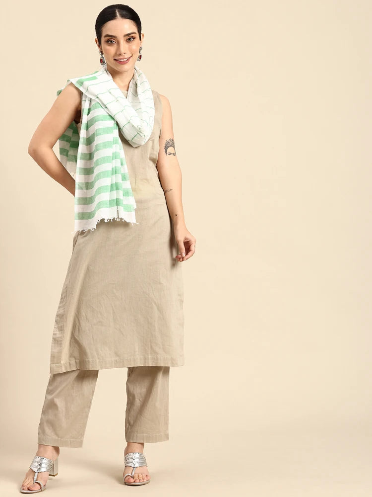 Handwoven White Cotton Scarf with Green thick & thin stripes Allover