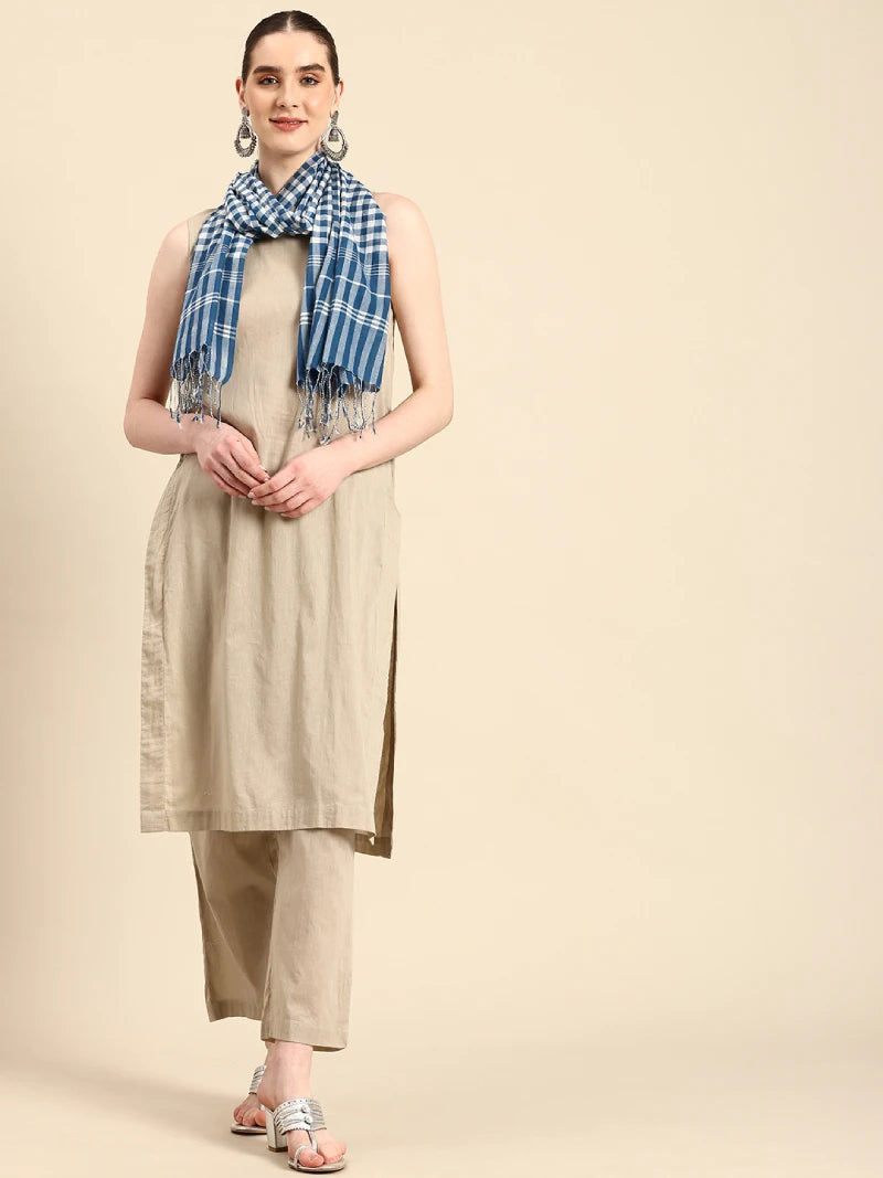 Handwoven Off-White Cotton Scarf With Blue Checks and Colour Block Border