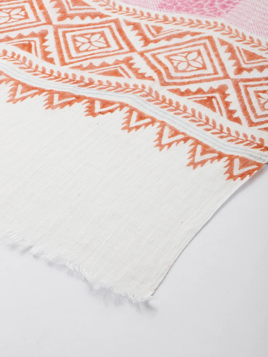 Handwoven Off-White Cotton Scarf With Block Printing