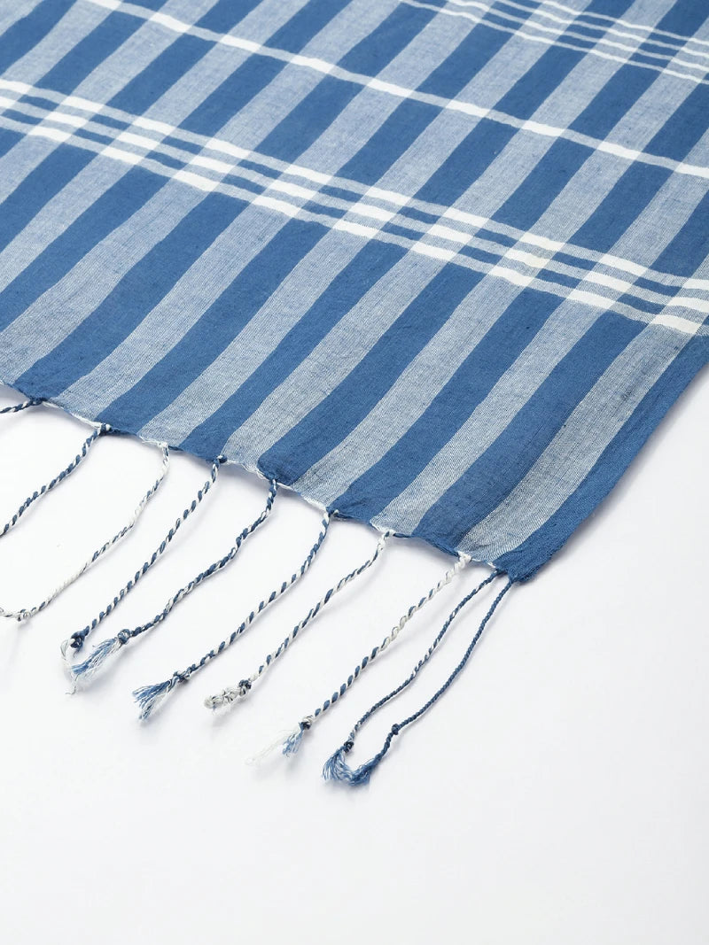 Handwoven Off-White Cotton Scarf With Blue Checks and Colour Block Border
