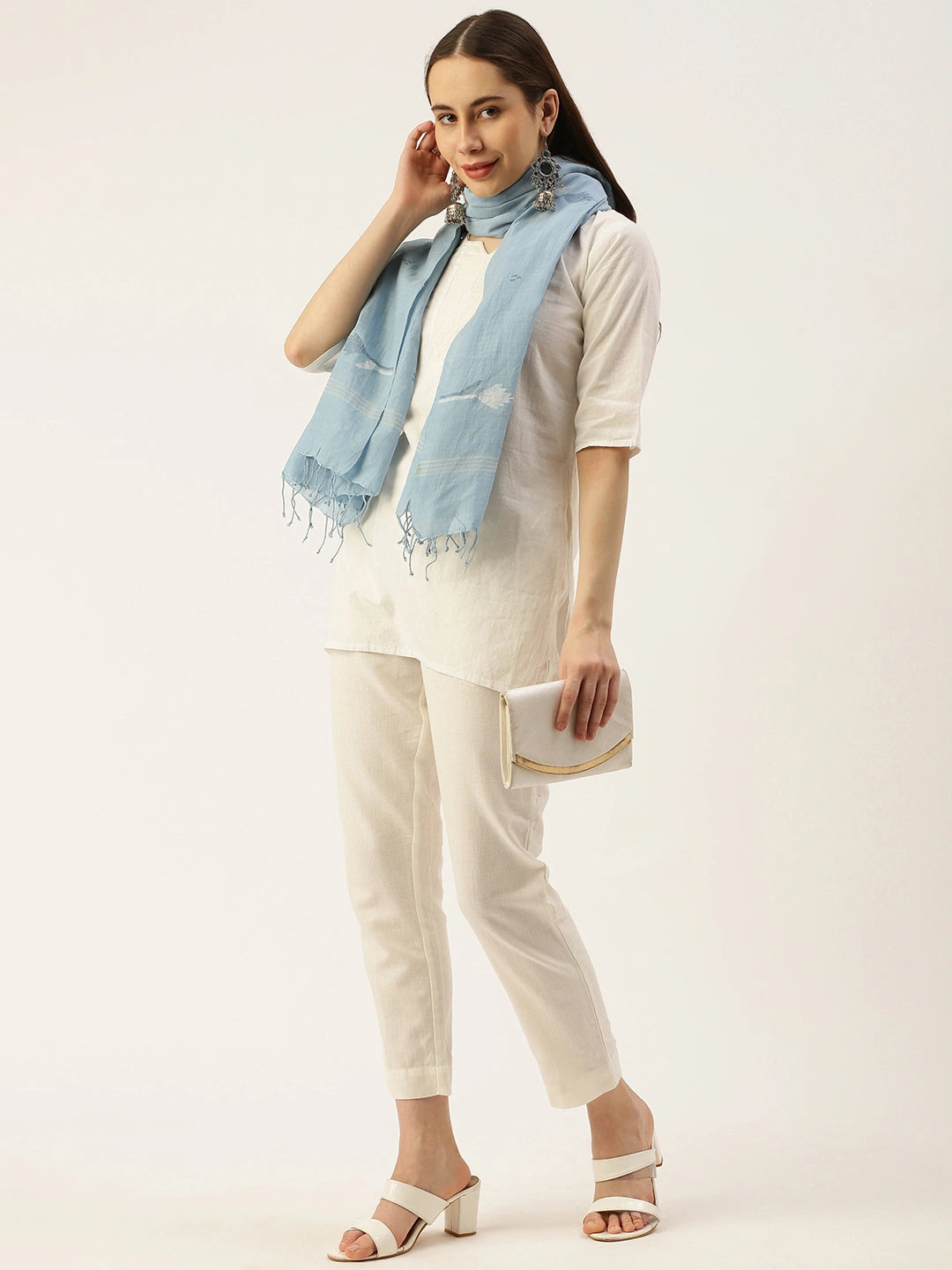 ASVA Blue Handwoven Cotton Scarf with Flower Butta Jamdani Work