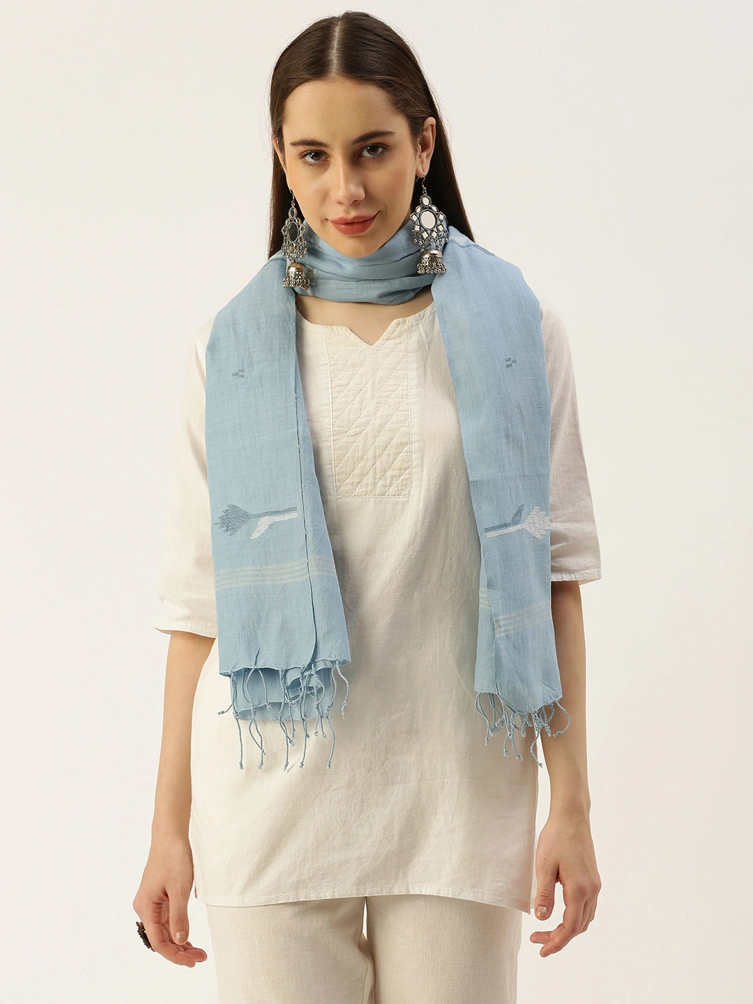 ASVA Blue Handwoven Cotton Scarf with Flower Butta Jamdani Work