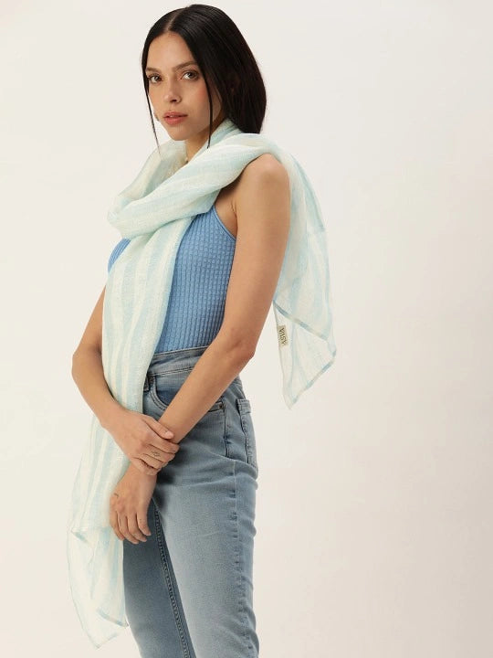 Blue And White Striped Linen Scarf