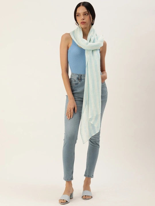 Blue And White Striped Linen Scarf