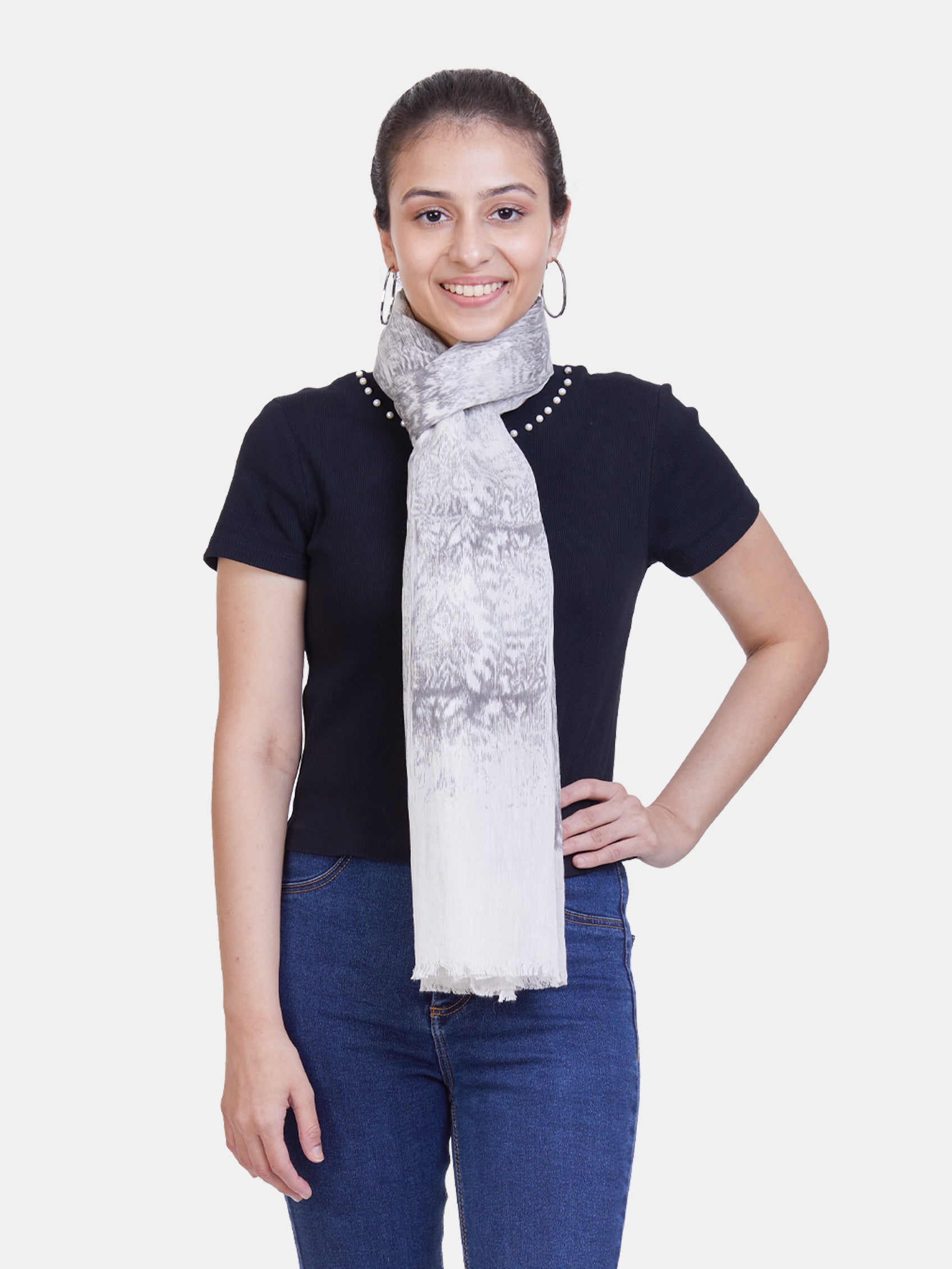 ASVA Designer White & Black Artistically Printed Silk Cotton Scarf