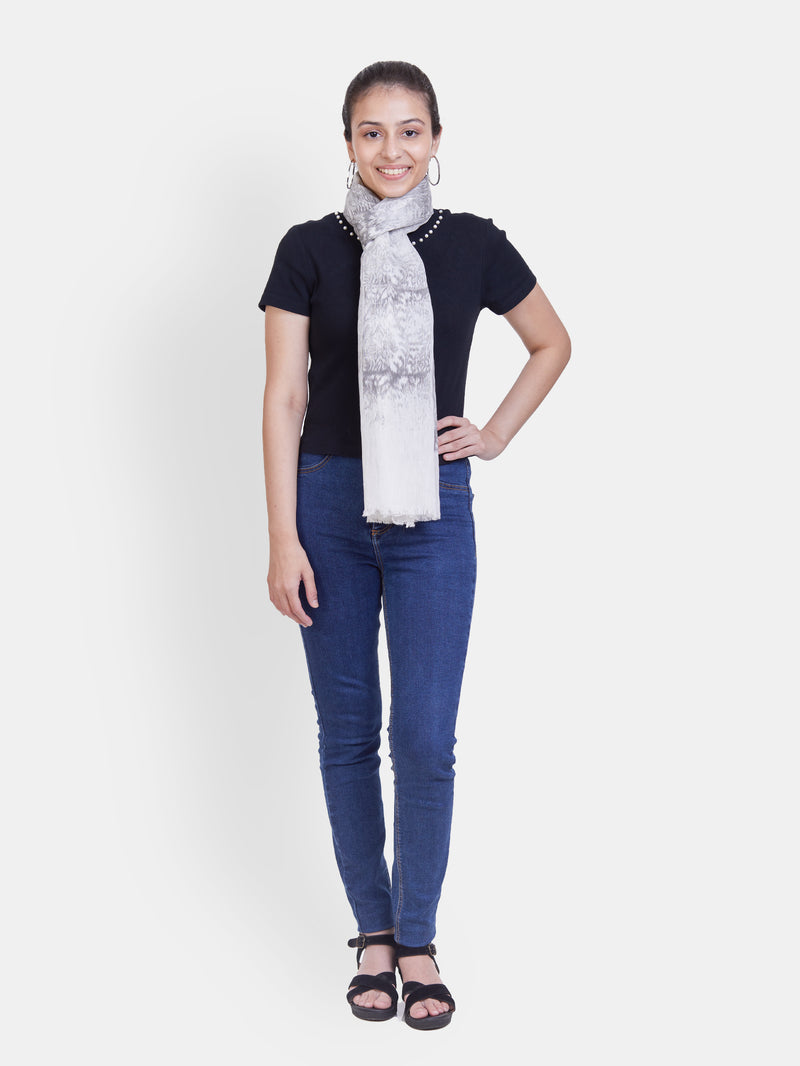 Designer White & Black Artistically Printed Silk Cotton Scarf