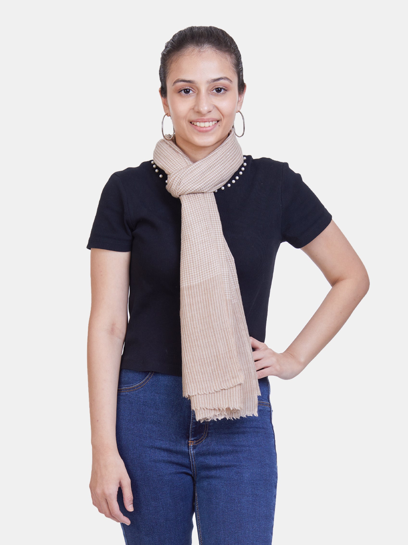 ASVA Handwoven Beige Semi-Pashmina with micro checks Pattern
