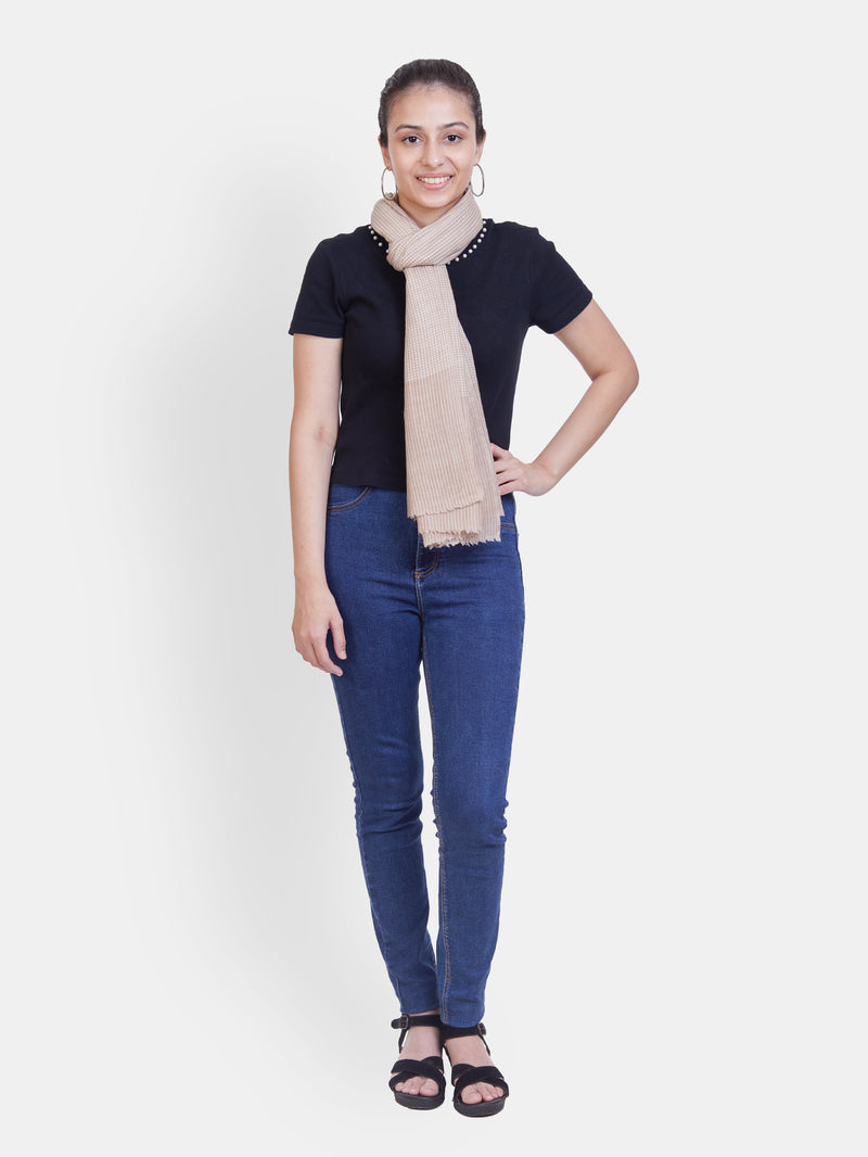 Handwoven Beige Semi-Pashmina with micro checks Pattern