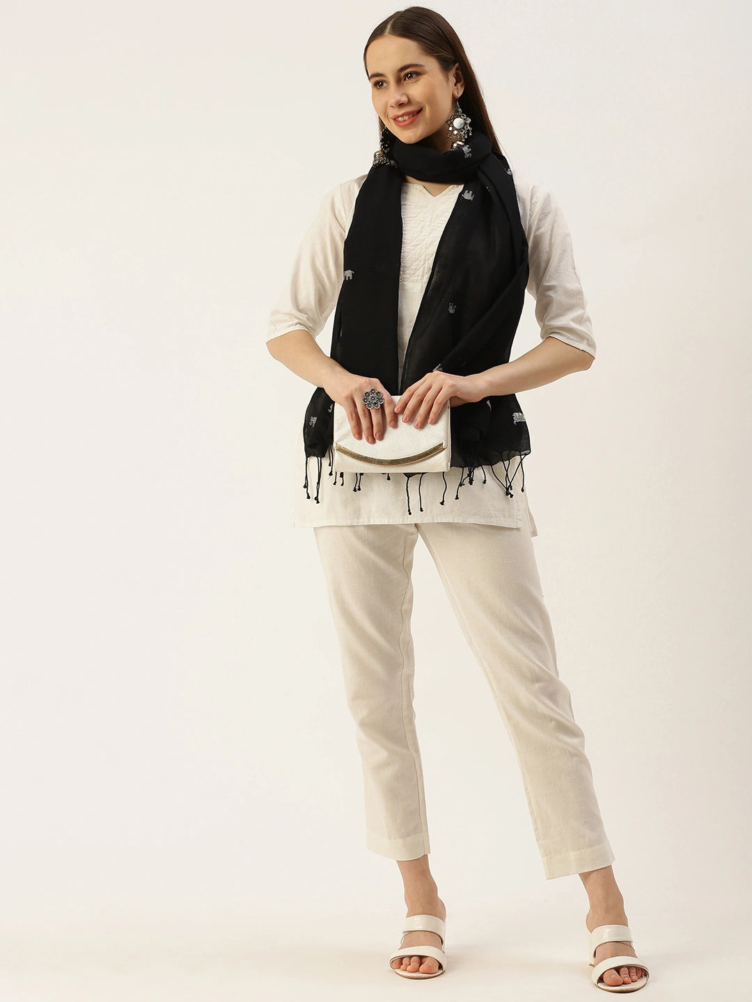 ASVA Handwoven Black Pure Cotton Scarf with All-Over Elephant Jamdani Work