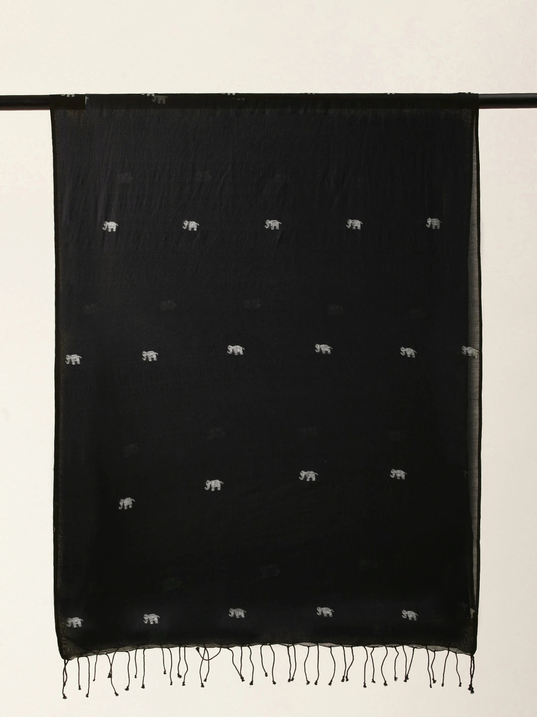 ASVA Handwoven Black Pure Cotton Scarf with All-Over Elephant Jamdani Work