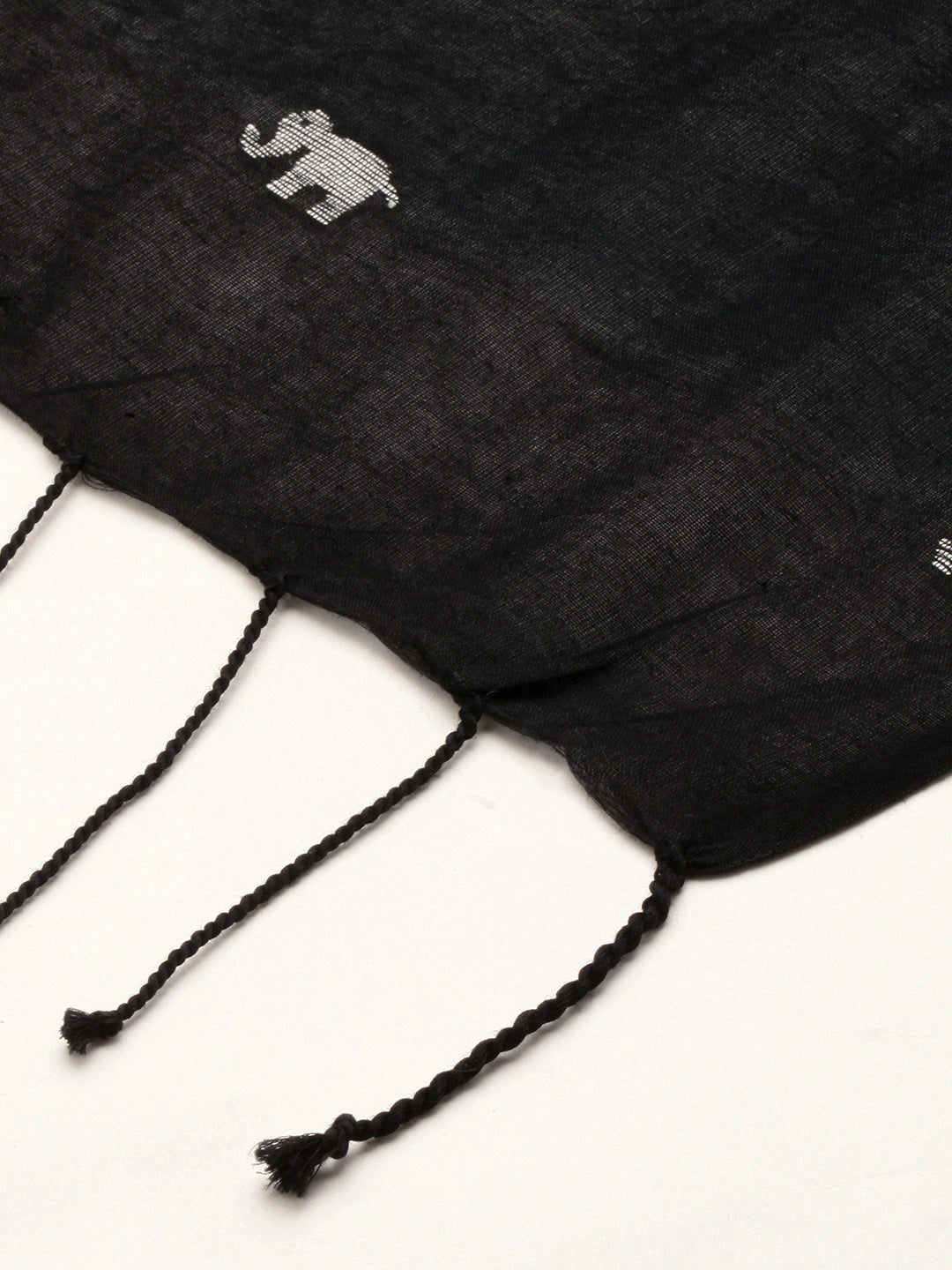 ASVA Handwoven Black Pure Cotton Scarf with All-Over Elephant Jamdani Work