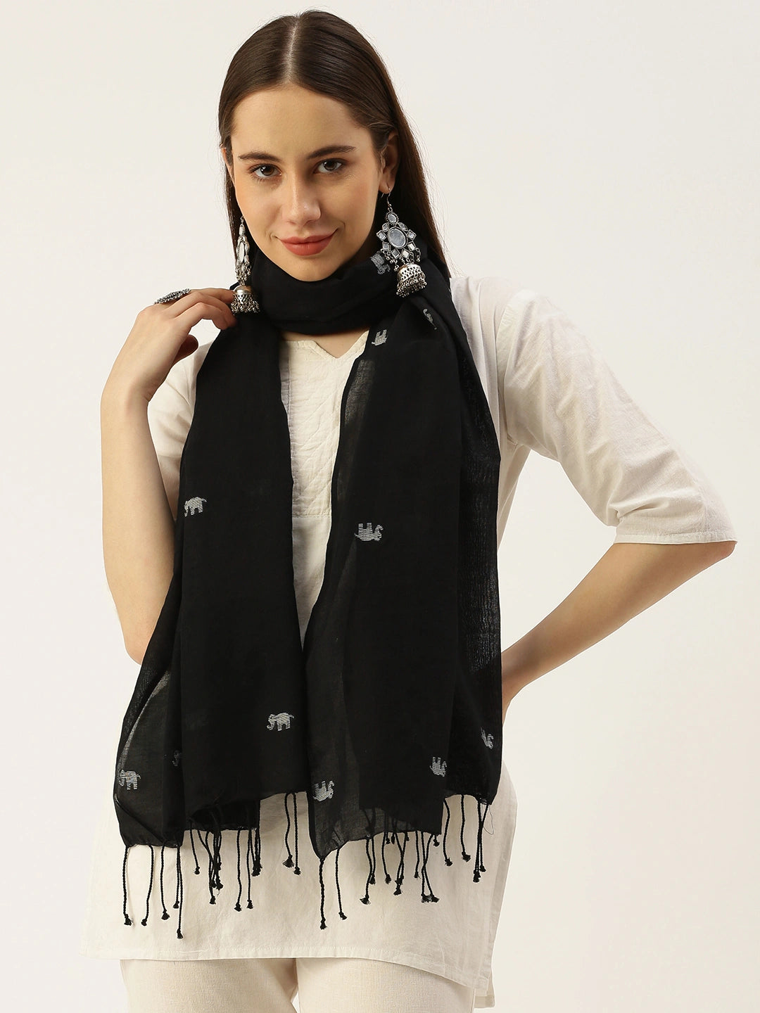 ASVA Handwoven Black Pure Cotton Scarf with All-Over Elephant Jamdani Work