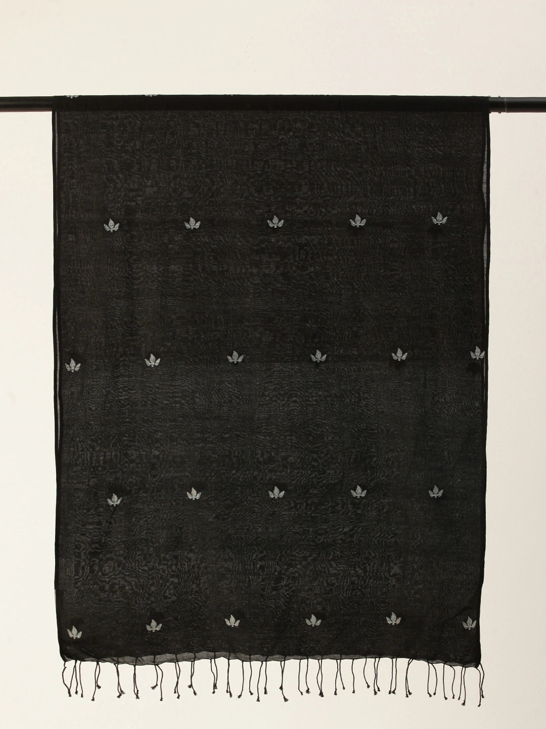 ASVA Handwoven Black Pure Cotton Scarf with All-Over Leaf Jamdani Work