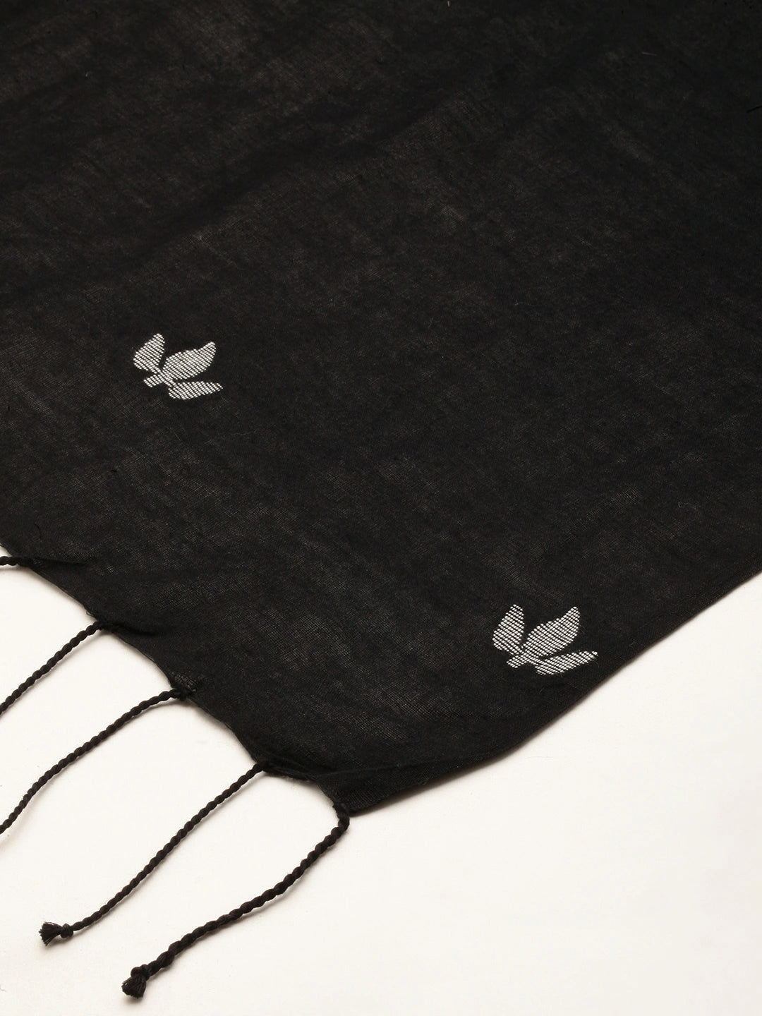 ASVA Handwoven Black Pure Cotton Scarf with All-Over Leaf Jamdani Work