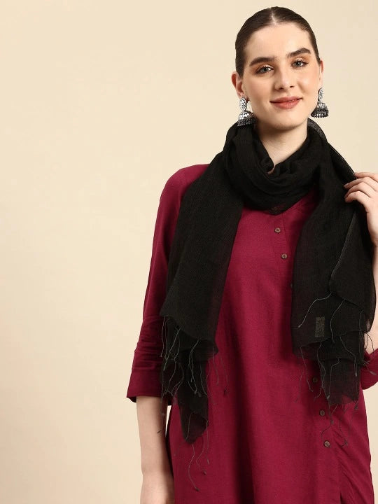 Handwoven Black Silk Woolen Scarf