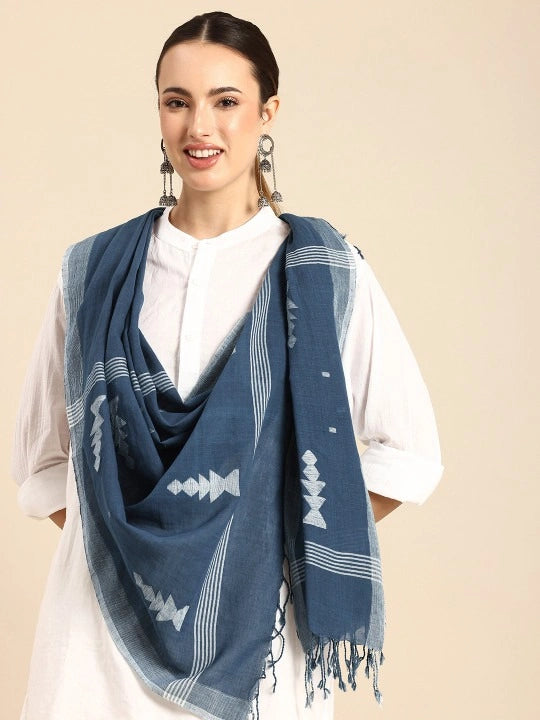 Handwoven Blue Cotton Scarf with Jamdani Weaving