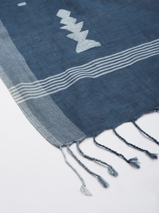 Handwoven Blue Cotton Scarf with Jamdani Weaving