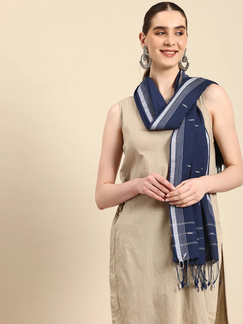 Handwoven Blue Cotton Scarf with Jamdani Woven