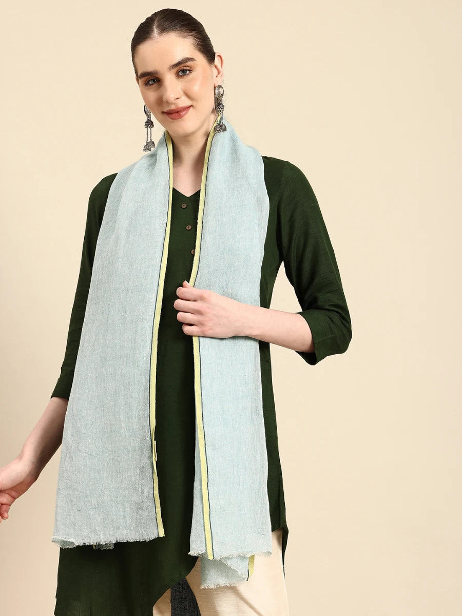 Handwoven Blue Linen Scarf with Yellow border