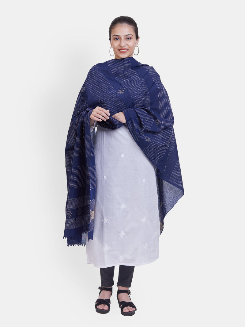 Handwoven Navy Blue Cotton Dupatta with Kantha Work