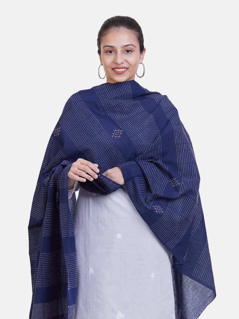 Handwoven Navy Blue Cotton Dupatta with Kantha Work