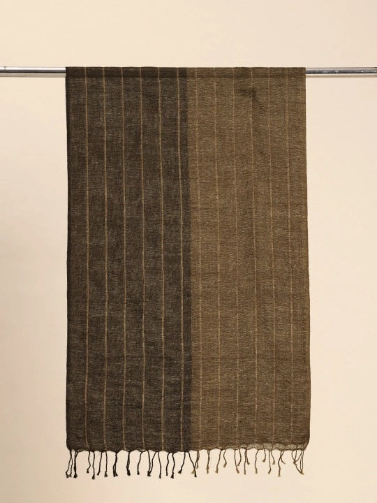 Handwoven Dual Shade Scarf, Half Beige and Half Black with Zari Stripes Silk Wool Scarf