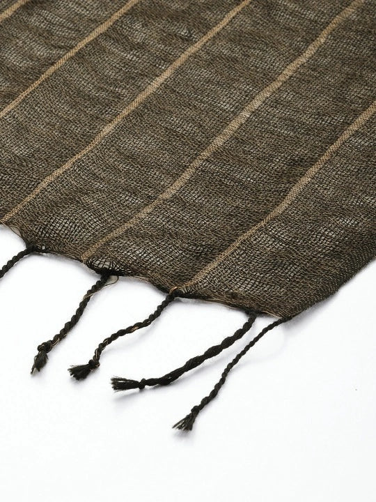 Handwoven Dual Shade Scarf, Half Beige and Half Black with Zari Stripes Silk Wool Scarf