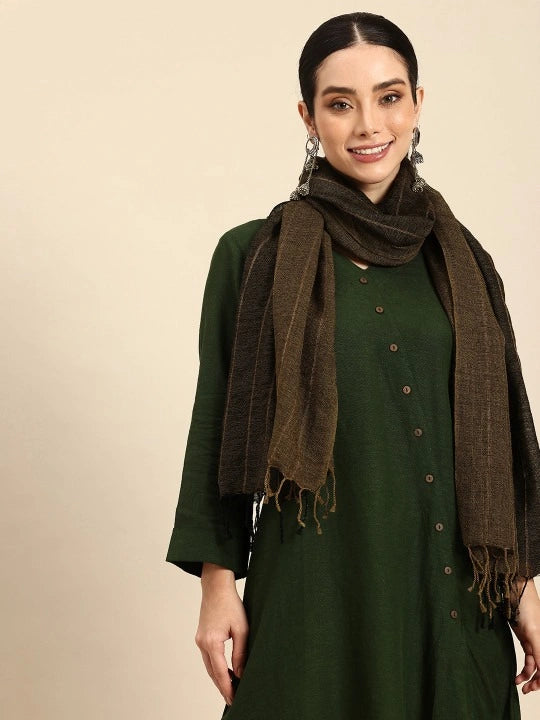 Handwoven Dual Shade Silk Wool Scarf with Zari Stripes