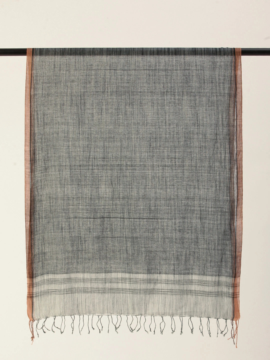 ASVA Handwoven Grey Silk Cotton Scarf with Brown Selvedge and Border