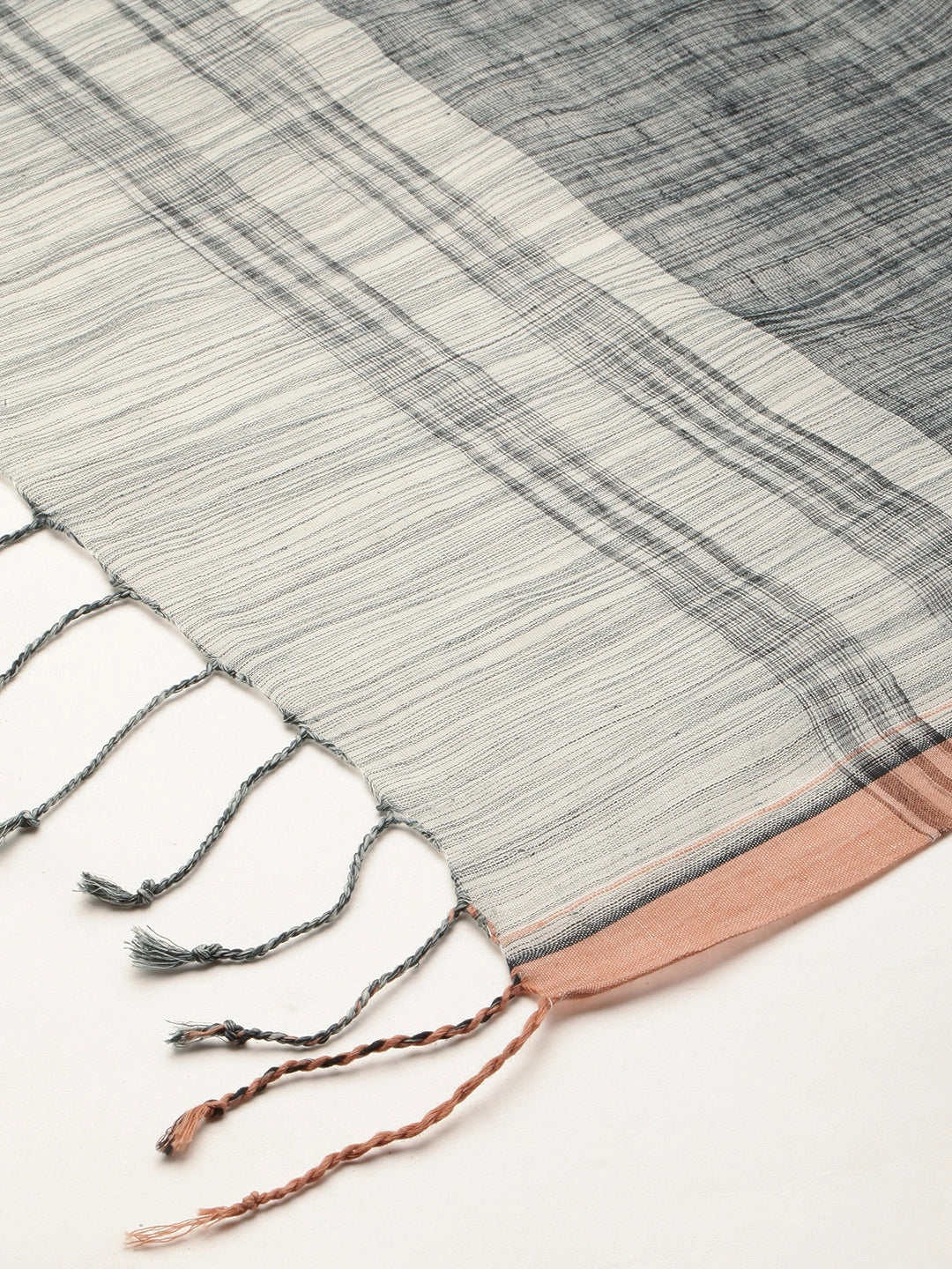 ASVA Handwoven Grey Silk Cotton Scarf with Brown Selvedge and Border