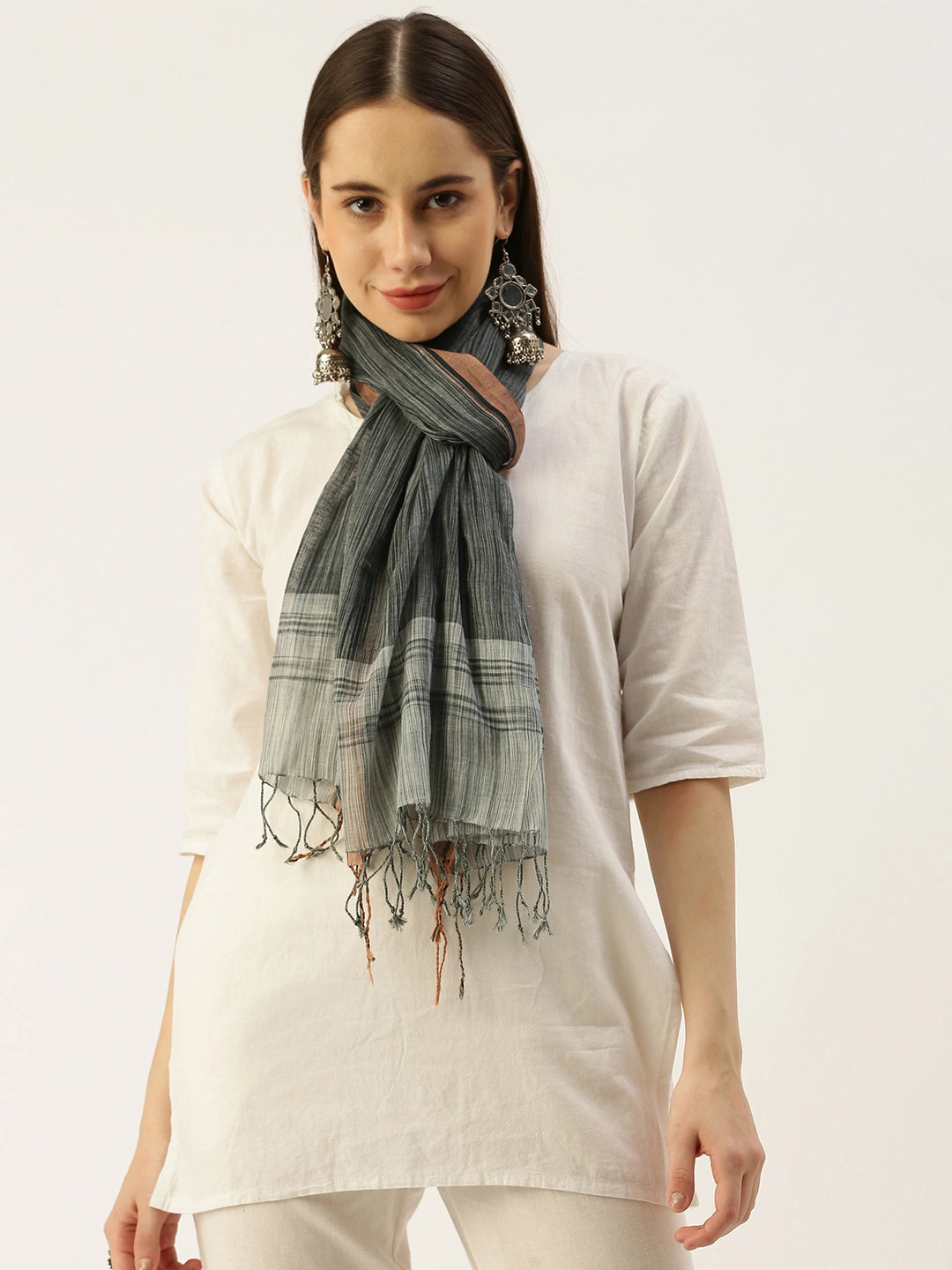 ASVA Handwoven Grey Silk Cotton Scarf with Brown Selvedge and Border
