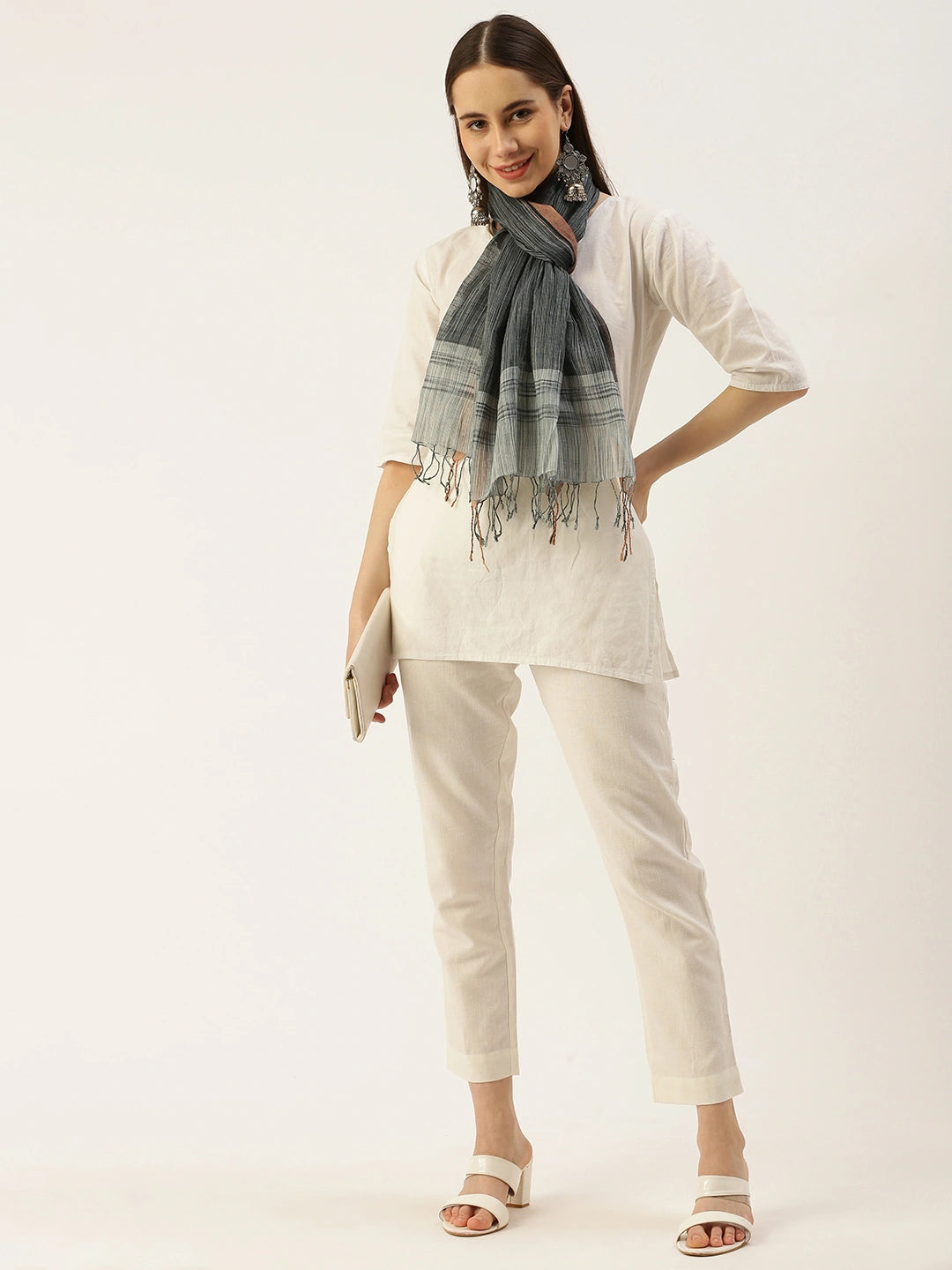 ASVA Handwoven Grey Silk Cotton Scarf with Brown Selvedge and Border