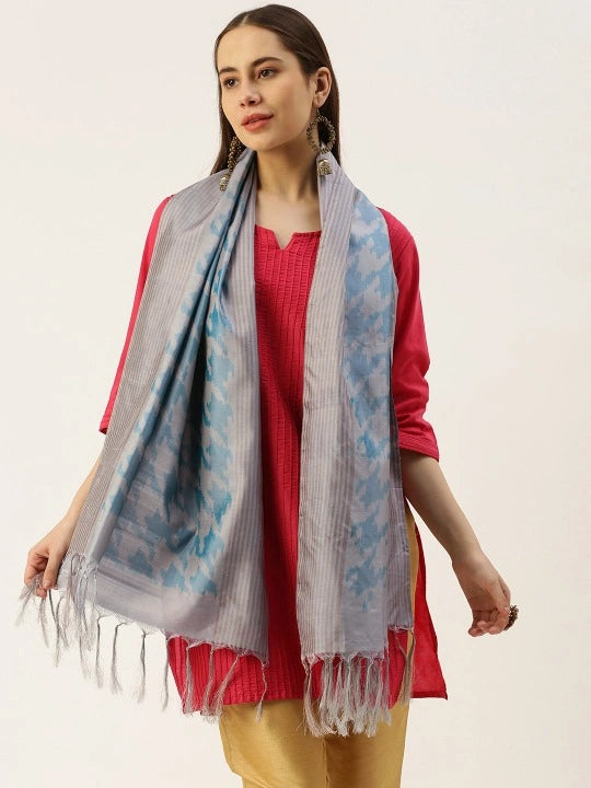 Handwoven Grey Silk Scarf in Blue & Gray Double Ikat Work and Self Tassels