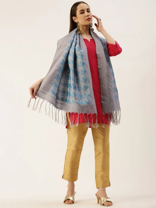 Handwoven Grey Silk Scarf in Blue & Gray Double Ikat Work and Self Tassels