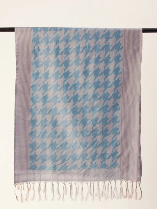 Handwoven Grey Silk Scarf in Blue & Gray Double Ikat Work and Self Tassels
