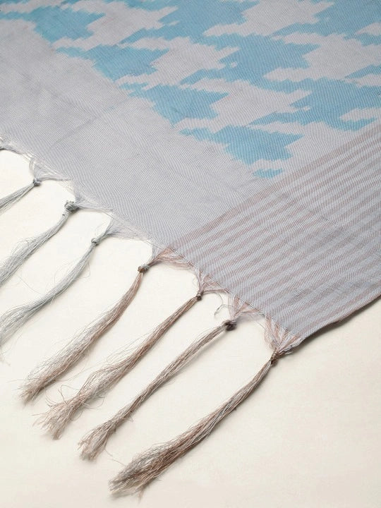 Handwoven Grey Silk Scarf in Blue & Gray Double Ikat Work and Self Tassels