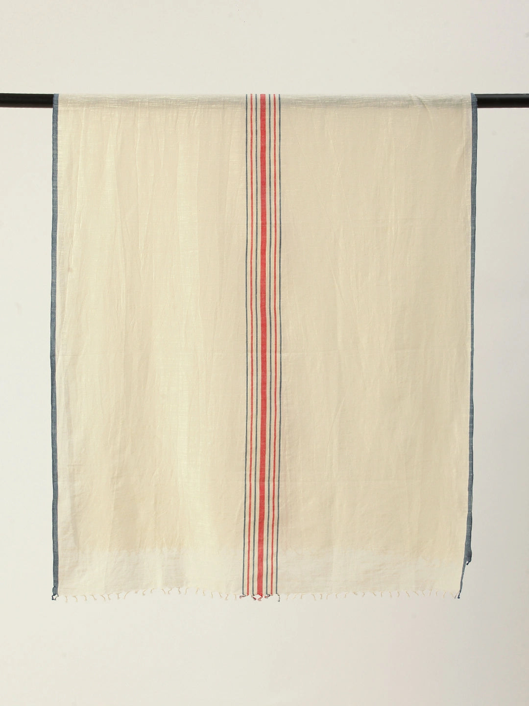 ASVA Handwoven Khadi Cotton Scarf with Blue Selvedge, Red & Blue Center Stripes, and Tassels