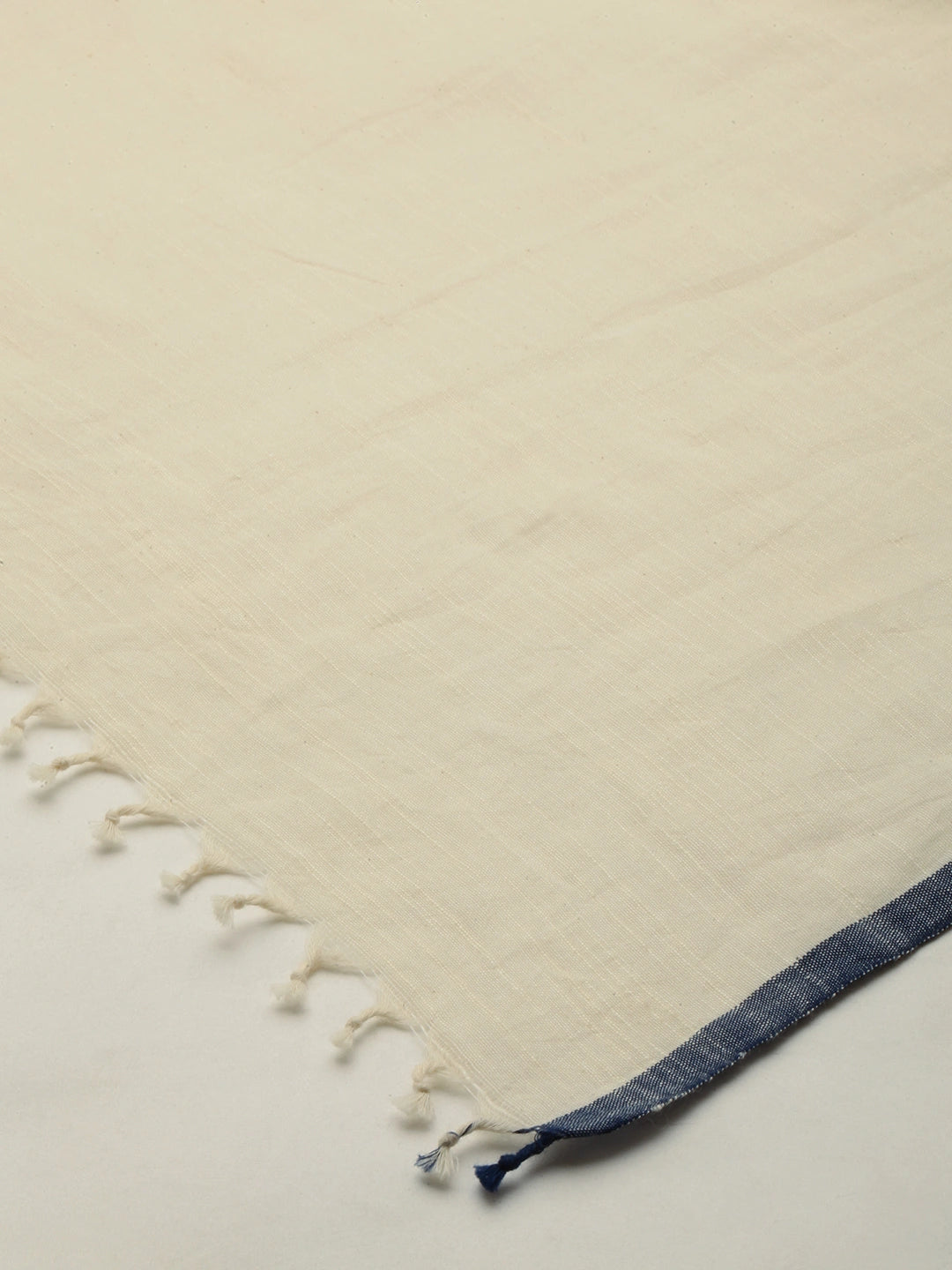 ASVA Handwoven Khadi Cotton Scarf with Blue Selvedge, Red & Blue Center Stripes, and Tassels