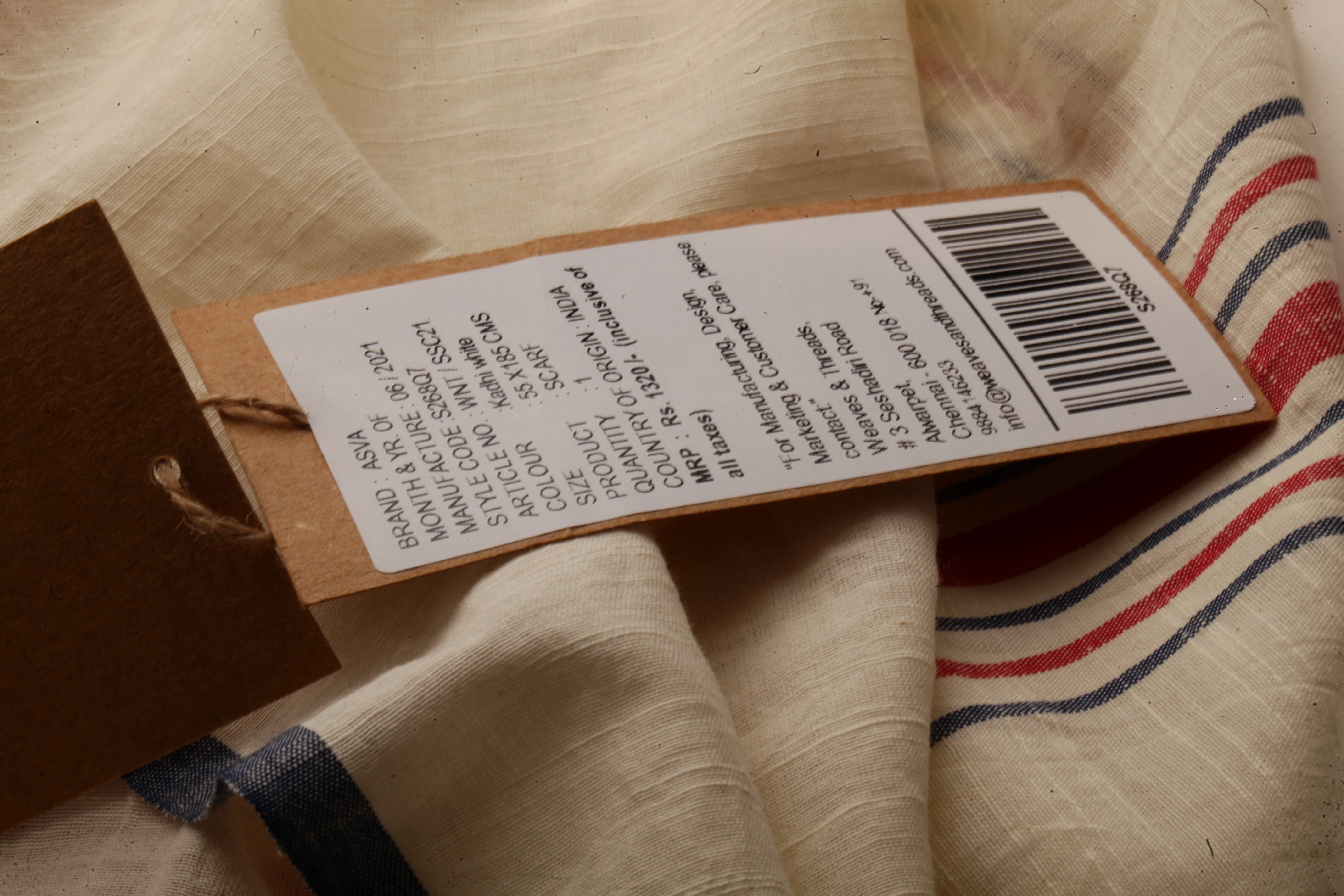 ASVA Handwoven Khadi Cotton Scarf with Blue Selvedge, Red & Blue Center Stripes, and Tassels