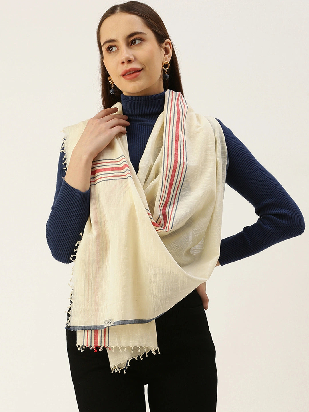 ASVA Handwoven Khadi Cotton Scarf with Blue Selvedge, Red & Blue Center Stripes, and Tassels