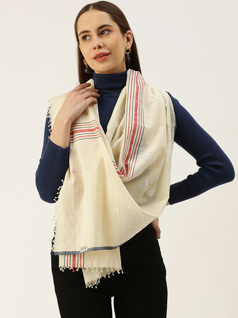Handwoven Khadi Cotton Scarf with Blue Selvedge, Red & Blue Center Stripes, and Tassels