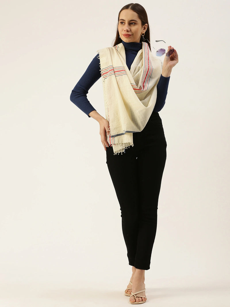 Handwoven Khadi Cotton Scarf with Blue Selvedge, Red & Blue Center Stripes, and Tassels