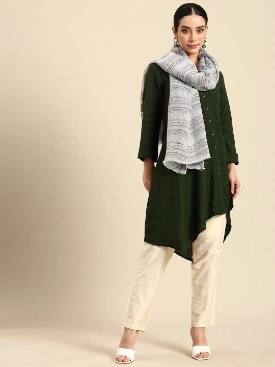 Handwoven Light Blue Linen Scarf with Black and Grey Stripes Allover