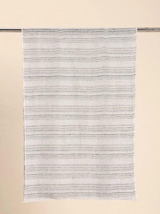 Handwoven Light Blue Linen Scarf with Black and Grey Stripes Allover