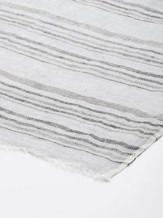 Handwoven Light Blue Linen Scarf with Black and Grey Stripes Allover
